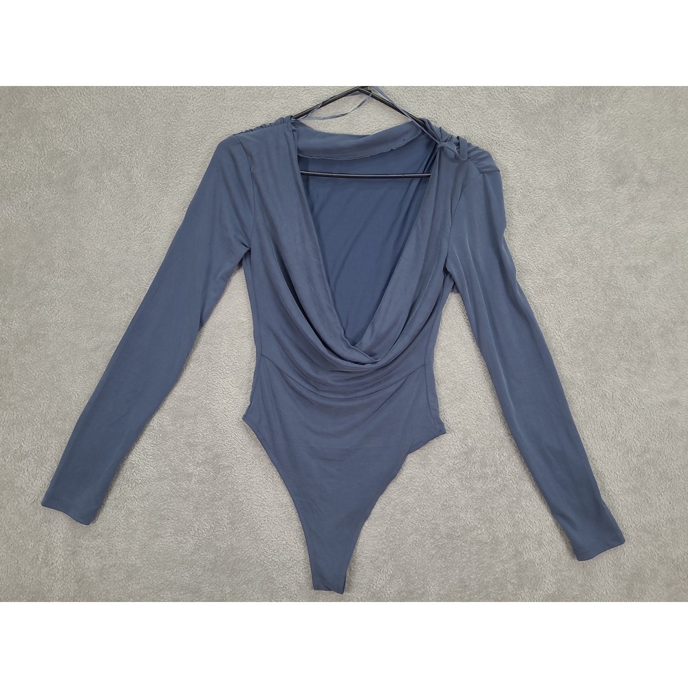 Zara‎ Womens Sueded Stretch Draped V-Neck Long Sleeve Bodysuit Blue Sz Small
